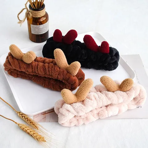 Cute Plush Animal Horn Rabbit Ear Hair Band Soft Flannel Facial Makeup Headband Women Daily Hair Accessories