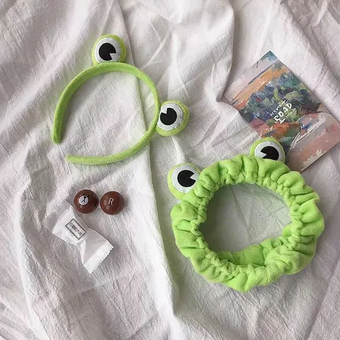 Lindo Banda Diadema de Peluche de Rana Verde de Dibujos Animados para Lavado de Cara Maquillaje Suave Elástico Accesorios para el Cabello