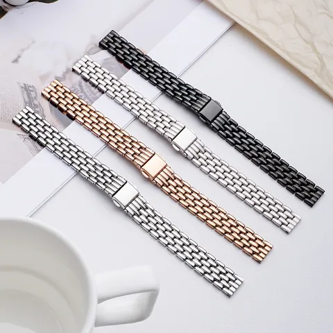 Stainless Steel Watch Band Five Beads Folding Clasp Metal Strap Fashion Replacement Wristwatch Accessories For Women
