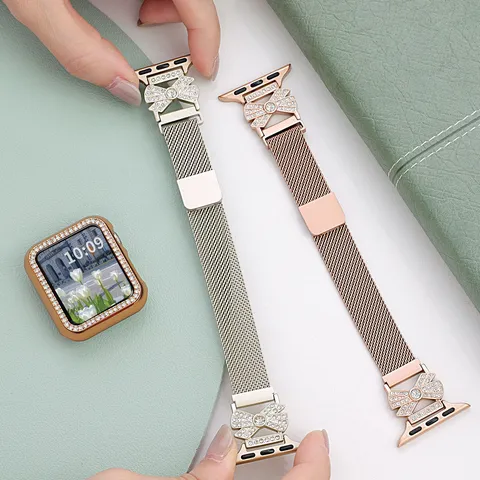 Cinturino per Orologio in Acciaio Inossidabile Milanese Fiocco di Cristallo Cinturino Magnetico per Smartwatch Donna Bracciale da Polso