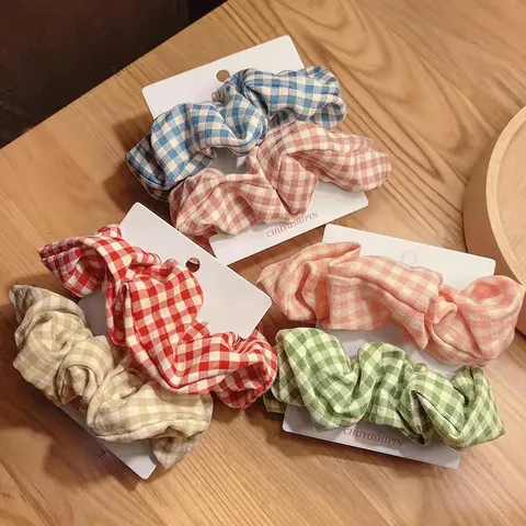 Coleteros de Tela a Cuadros Retro Coreano Bandas Elásticas Accesorios para Cabello Mujer