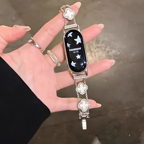 Metal Four Leaf Clover Mother Of Pearl Watch Band Replacement Strap With Rhinestones Compatible With Smartwatch Accessories