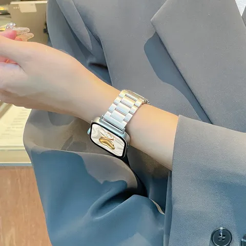 Stainless Steel Three Bead Metal Watch Band With Folding Clasp Compatible For Smartwatch Replacement Wrist Strap