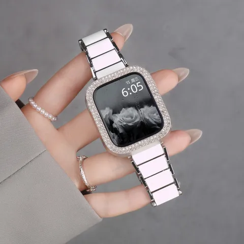 Cinturino Per Orologio In Acciaio Inossidabile Finta Ceramica Con Chiusura A Farfalla E Custodia In Strass Per Smartwatch