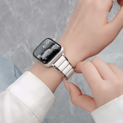 Cinturino Per Orologio In Acciaio Inossidabile Finta Ceramica Con Chiusura A Farfalla E Custodia In Strass Per Smartwatch