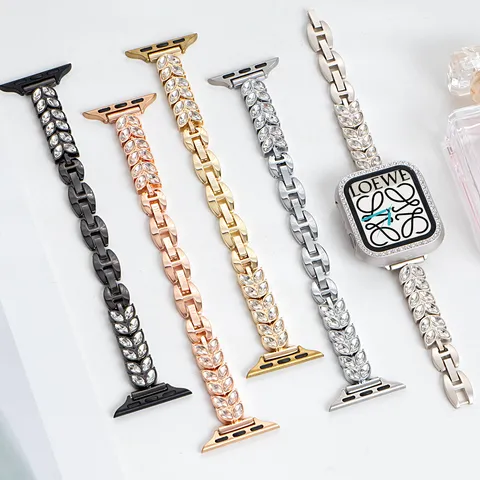 Cinturino per Orologio in Metallo Foglia di Grano Strass Compatibile Con Apple Watch Cinturino a Catena di Lusso per Donna Accessori per Orologi