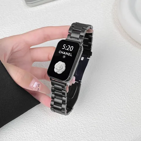 Stainless Steel Metal Watch Band 3-Bead Replacement Strap With Folding Clasp Fashion Smartwatch Wristband