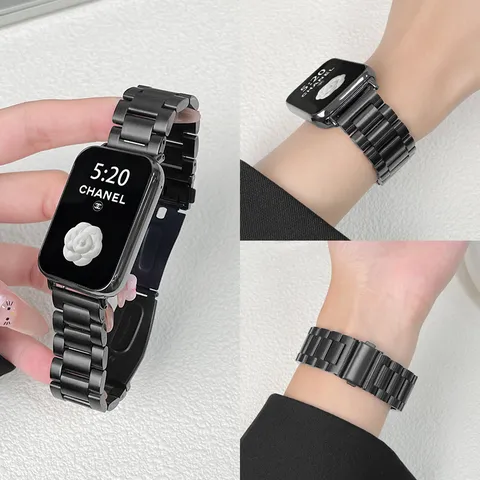 Stainless Steel Metal Watch Band 3-Bead Replacement Strap With Folding Clasp Fashion Smartwatch Wristband