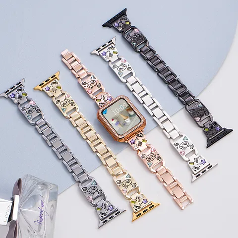 Fashion Metal Watch Band For Apple Watch Rhinestone Cartoon Animal Cute Strap Replacement Jewelry Accessories