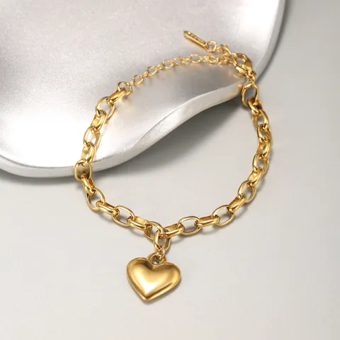 Minimalista Acciaio Inossidabile Catena Graffetta Bracciale Cuore Placcato Oro Liscio Solido Ciondolo Cuore Regolabile Moda Gioielli