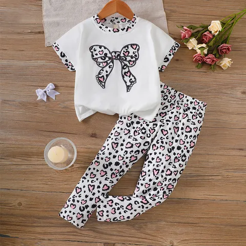 Girls Casual Polyester Clothing Set Printed Bowknot Short Sleeve Top And Leopard Print Pants Comfort Kids Lounge Set