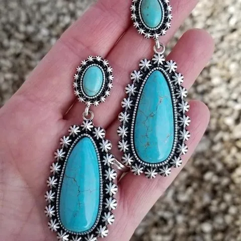 Pendientes de Gota de Turquesa de Aleación Vintage Pendientes Colgantes Geométricos Étnicos Chapados en Plata Antigua para Joyería de Mujer