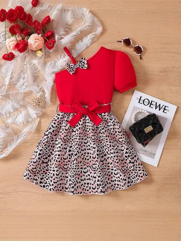 Completo Estivo per Bambina Top Monospalla con Fiocco Rosso e Gonna a Trapezio Leopardata con Cintura Top And Bottom