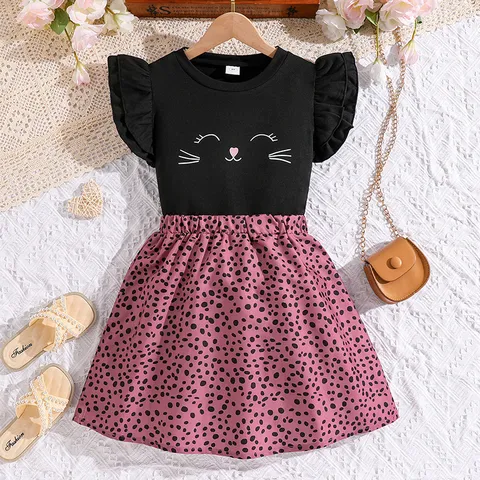 Girls Summer Clothes Top And Bottom Cute Cat Face Print Fly Sleeve T-Shirt And Pink Leopard Skirt Pullover Outfits