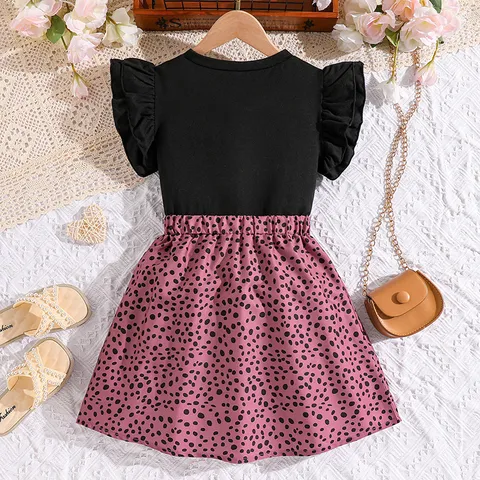 Girls Summer Clothes Top And Bottom Cute Cat Face Print Fly Sleeve T-Shirt And Pink Leopard Skirt Pullover Outfits