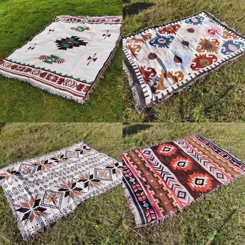 Manta Geométrica Bohemia con Borlas de Poliéster Multifuncional para Sofá Camping al Aire Libre Alfombra Tejida para Sala Dormitorio Decoración Hogar