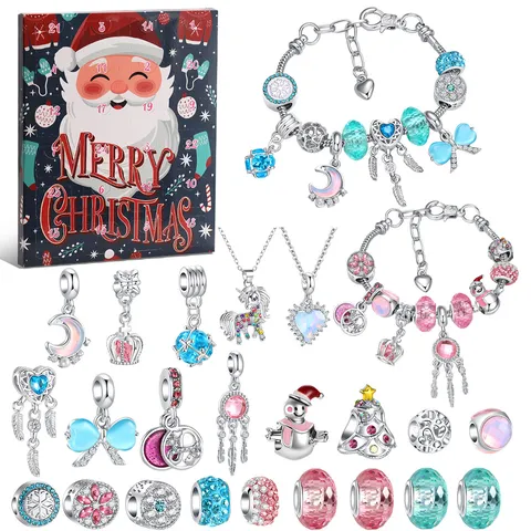 Calendario dell'Avvento di Natale Braccialetto in Lega di Perline di Cristallo DIY Scatola Misteriosa Set di Gioielli Regalo di Vacanza Per Bambini Donne