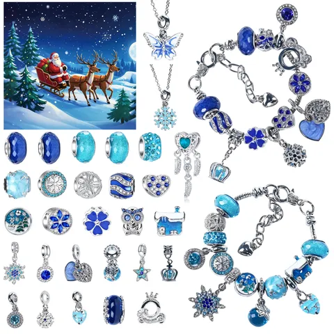 Set di Gioielli con Braccialetto di Perline DIY di Natale per Bambini Lega Strass Babbo Natale Pupazzo di Neve Ciondolo Confezione Regalo