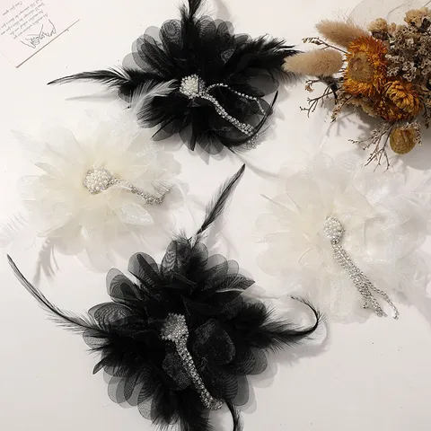 Pinza de Pelo de Flor de Malla y Pluma Hecha a Mano Corsé Borla Strass Perla Artificial Accesorio para el Cabello Mujer Joyería