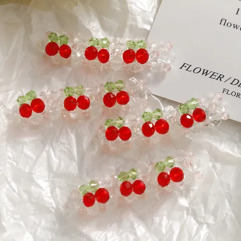 Acrylic Cherry Crystal Beaded Charms DIY Jewelry Making Accessories Handmade Woven Cherry Shape Pendant For Hair Clip Phone Case Decor