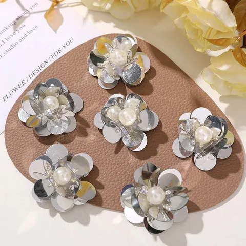 Silver Sequin Pearl Flower Cloth Patch DIY Phone Case Hole Shoes Accessories Handmade Decorative Applique Craft