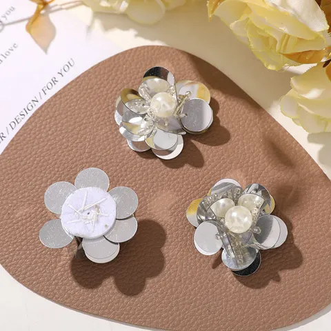 Silver Sequin Pearl Flower Cloth Patch DIY Phone Case Hole Shoes Accessories Handmade Decorative Applique Craft