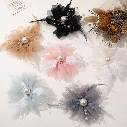 Accesorio de Cabello DIY Flor Perla Pluma Malla Estética Cadena de Borlas Tocado Aplique Manualidad Decoración de Ropa