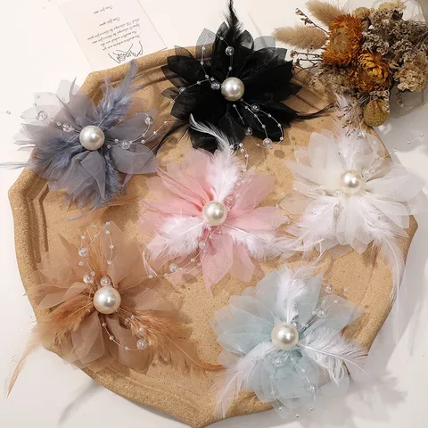 Accesorio de Cabello DIY Flor Perla Pluma Malla Estética Cadena de Borlas Tocado Aplique Manualidad Decoración de Ropa