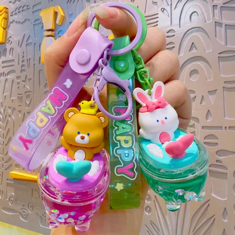 Cute Mermaid Quicksand Keychain Cartoon Animal Liquid Floating Glitter Key Ring Acrylic Bag Pendant Charm Gift
