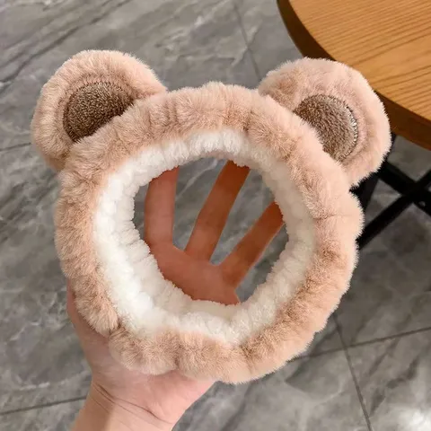 Bandeau à Cheveux Mignon en Peluche Oreilles d'Ours Doux Polaire Maquillage Bandeau Visage Accessoires Cheveux Femmes
