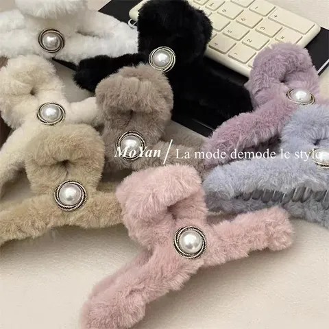 Molla per Capelli in Peluche Soffice Invernale Grande Molla con Perla Artificiale Accessori per Capelli Eleganti per Donne