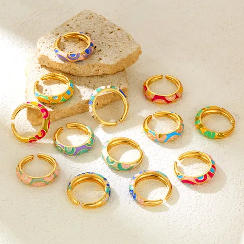 Bohemian Colorful Enamel Geometric Open Ring Set Fashion Copper Color-Blocking Adjustable Band Finger Ring Women Jewelry