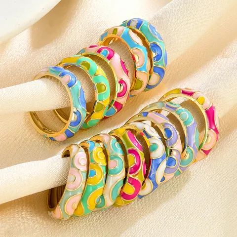 Bohemian Colorful Enamel Geometric Open Ring Set Fashion Copper Color-Blocking Adjustable Band Finger Ring Women Jewelry