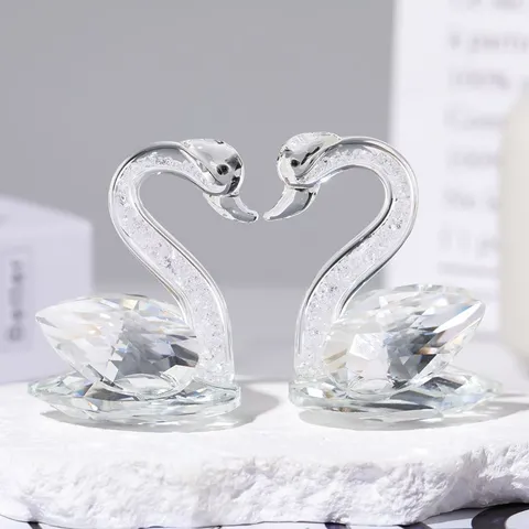 Transparent Crystal Swan Figurine Couple Swan Ornament Faceted Crystal Animal Statue Home Office Desktop Decor Valentine's Day Gift