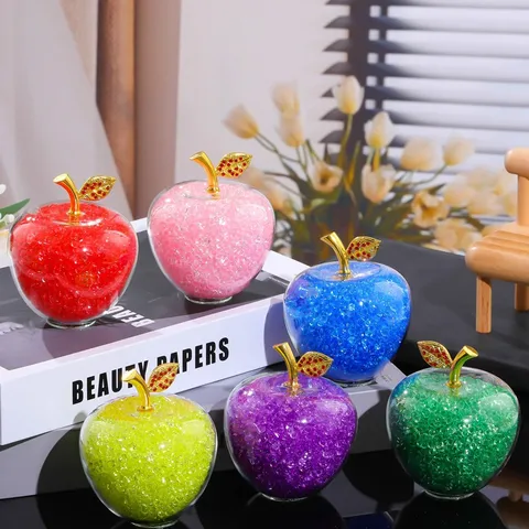 Crystal Glass Apple Figurine With Gold Metal Stem Rhinestone Leaf Tabletop Ornament New Year Christmas Home Decor Gift
