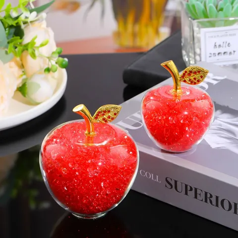 Crystal Glass Apple Figurine With Gold Metal Stem Rhinestone Leaf Tabletop Ornament New Year Christmas Home Decor Gift