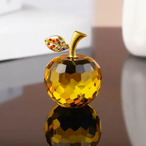 Figurine de Pomme en Cristal Ornement de Fruit en Verre Facetté avec Strass Tige Dorée Décoration de Salon à Domicile Cadeau