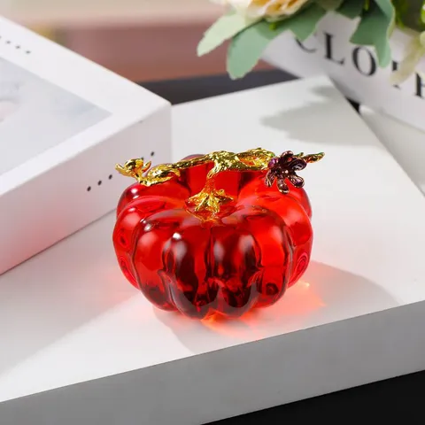 Art Glass Pumpkin Figurine Miniature Tabletop Ornament With Gold Branch And Leaf Home Office Decor