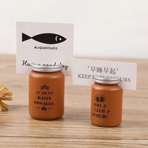 Clip de Mémo de Canette de Bière en Bois Minimaliste Créatif Ornement de Bureau Porte-Photo Porte-Carte de Visite avec Impression Anglaise