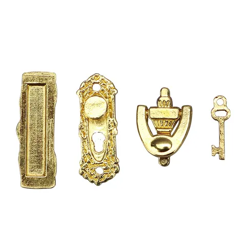 Dollhouse Miniature Wooden Door Metal Hardware Four Piece Collection Doll House Furniture Accessories Scene Decor