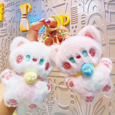 Cute Plush Blush Cat Keychain Soft Stuffed Animal Bag Charm Cartoon Kitten Key Chain Pendant Wallet Hanging Ornament Gift