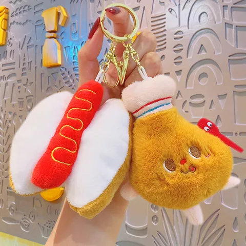 Lindo Dibujo Animado Comida Rápida Peluche Llavero Suave Relleno Hamburguesa Perro Caliente Papas Fritas Bolso Colgante Regalo Creativo