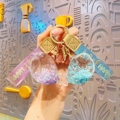 Cute Cartoon Whale Liquid Glitter Keychain With Bubble Beads Transparent Acrylic Floating Whale Keyring Bag Pendant Gift