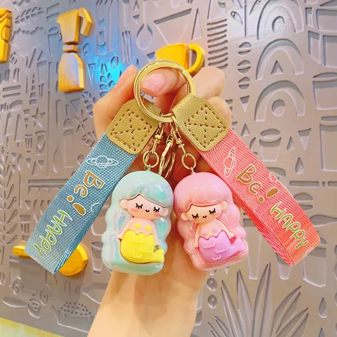 Cute Holographic Mermaid Princess Keychain PVC Cartoon Bag Pendant With Woven Ribbon Strap For Women Girls Iridescent Key Ring Accessory
