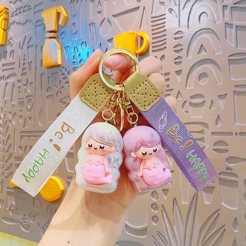 Cute Holographic Mermaid Princess Keychain PVC Cartoon Bag Pendant With Woven Ribbon Strap For Women Girls Iridescent Key Ring Accessory