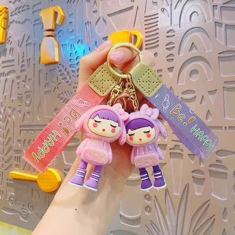 Electroplated Cartoon Dressing Girl Keychain Cute Doll Keyring With Ribbon Hand Strap For Bags Car Key Couples Gift