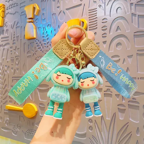 Electroplated Cartoon Dressing Girl Keychain Cute Doll Keyring With Ribbon Hand Strap For Bags Car Key Couples Gift