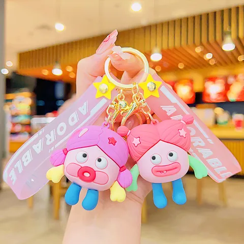 Funky Ugly Cute Girl Keychain Pendant Adorable Cartoon Figure Bag Charm PVC Silicone Strap Key Ring Accessory Gift For Girls