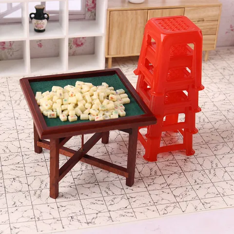Miniature Dollhouse Mahjong Table And Chair Set Ob11 Doll Miniature Furniture Plastic Stool Model Toy Doll House