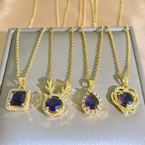 Titanium Steel Purple Zirconia Pendant Necklace For Women Luxury Micro Pave Crystal Heart Antler Water Drop Square Clavicle Chain Gold Plated Fashion Jewelry